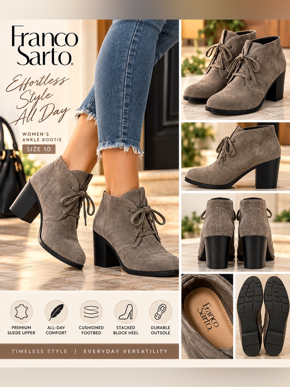 Franco Sarto Gray Suede Lace-Up Ankle Booties with Block Heel size 10